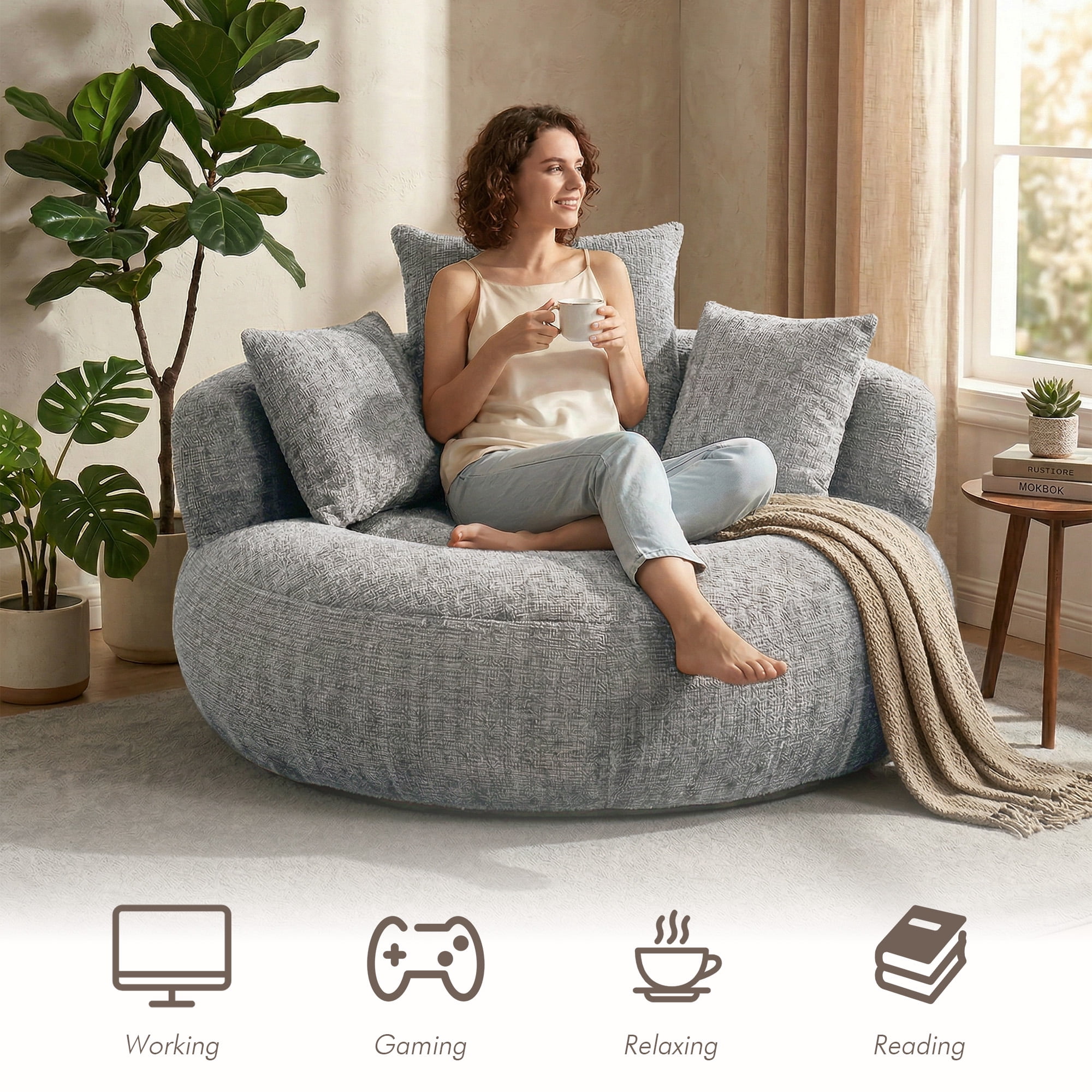 MOONMISS Oversized Bean Bag Chair, Chenille Lazy Bean Bag Sofa with Wrap-Around Backrest & Pillows for Living Room,Light Gray