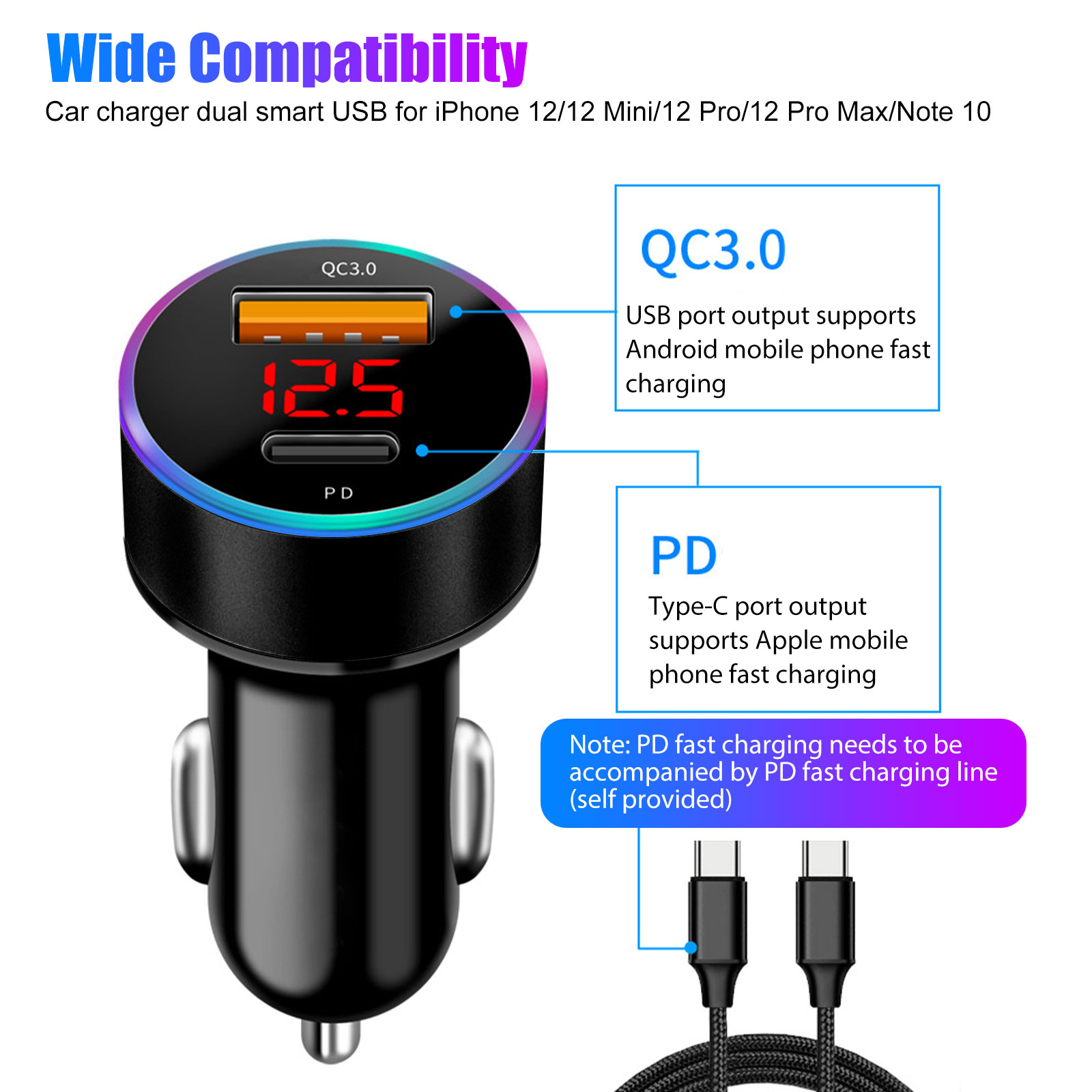 TSV USB C Car Charger, 36W Fast USB Car Charger PD QC 3.0 Dual Port Car Adapter, Mini Alloy USB Charger Compatible with iPhone 12, 12 Mini, 12 Pro, 12 Pro Max, 11 Pro Max, Pixel, Samsung - image 7 of 9
