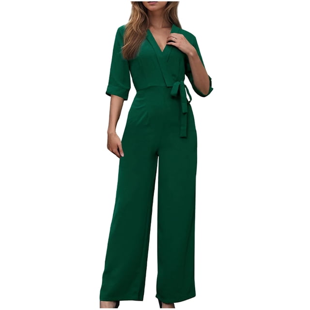 Combinaisons pour Femmes Femme Mode Poches Couleur Unie Col en V Manches Courtes Combinaison Pantalon Long