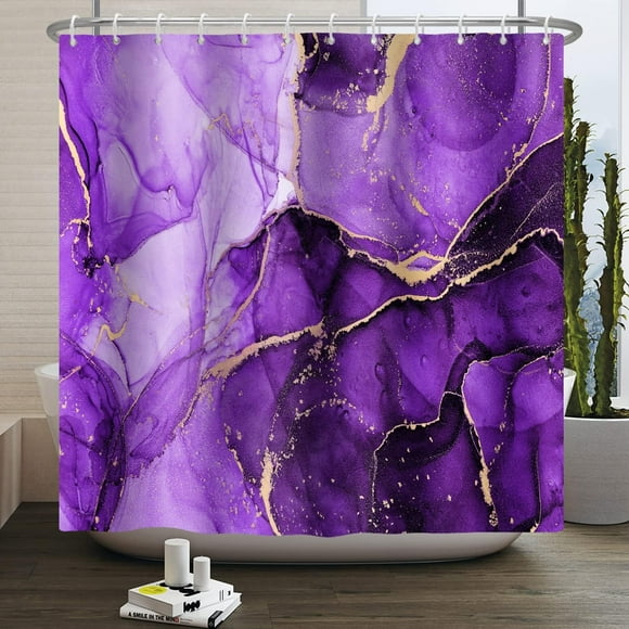 Marble Shower Curtain Abstract Lavender Purple and Golden Crack Ink Bathtub Curtains Modern Luxury Art Waterproof with Hooks Elevate Your Bathroom Decor (72"x84) Add a Touch of Sophisticat