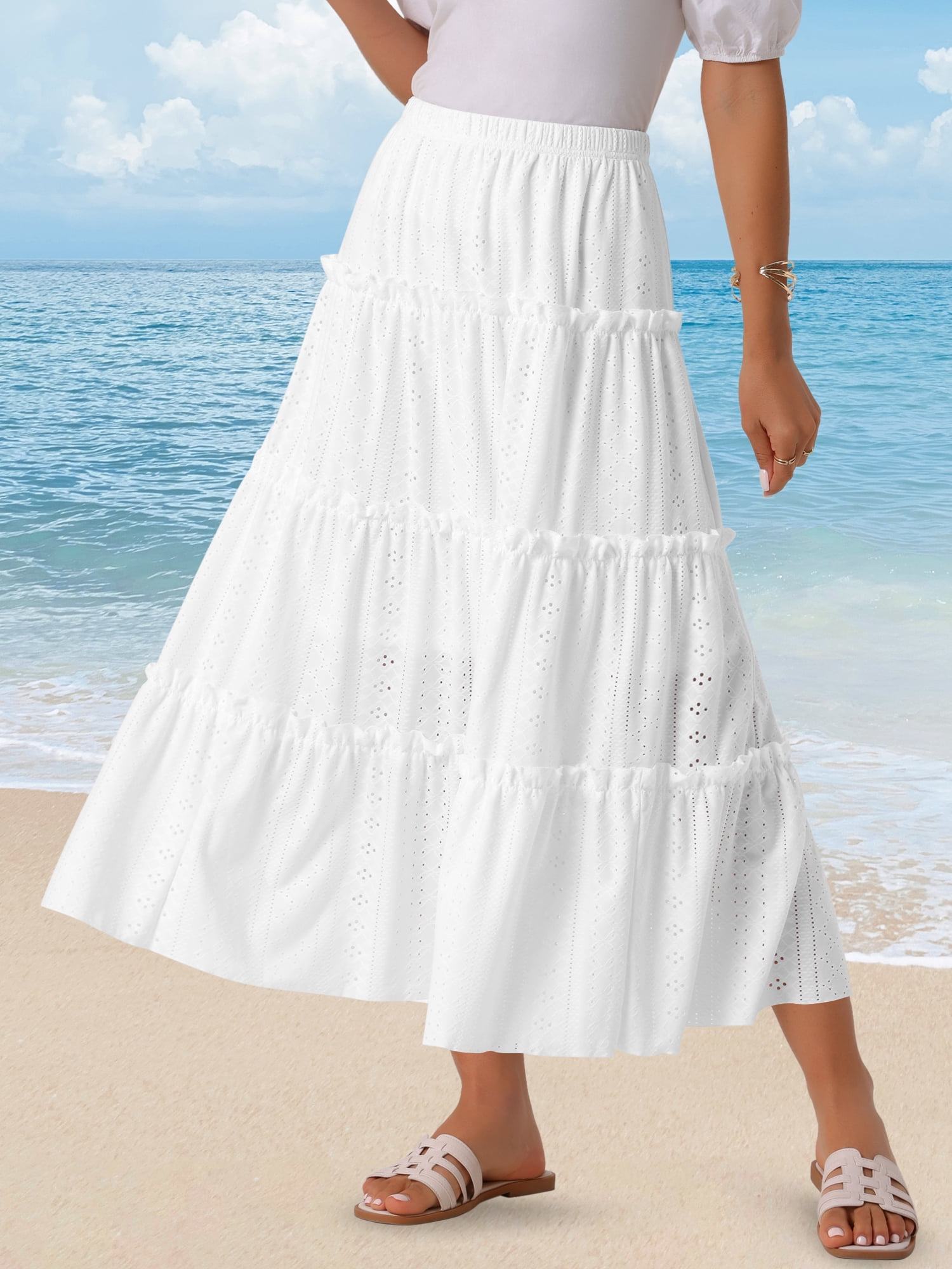 DARING DIVA Women's Elastic Waist Tiered A-line Ruffle Boho Maxi Skirt L White