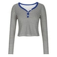 thumbnail image 5 of Long Sleeve Fall Tops Womens Button V Neck Striped Tee Shirts Slim Fit Casual Pullover Trendy Y2k Clothes (XL, Blue), 5 of 5