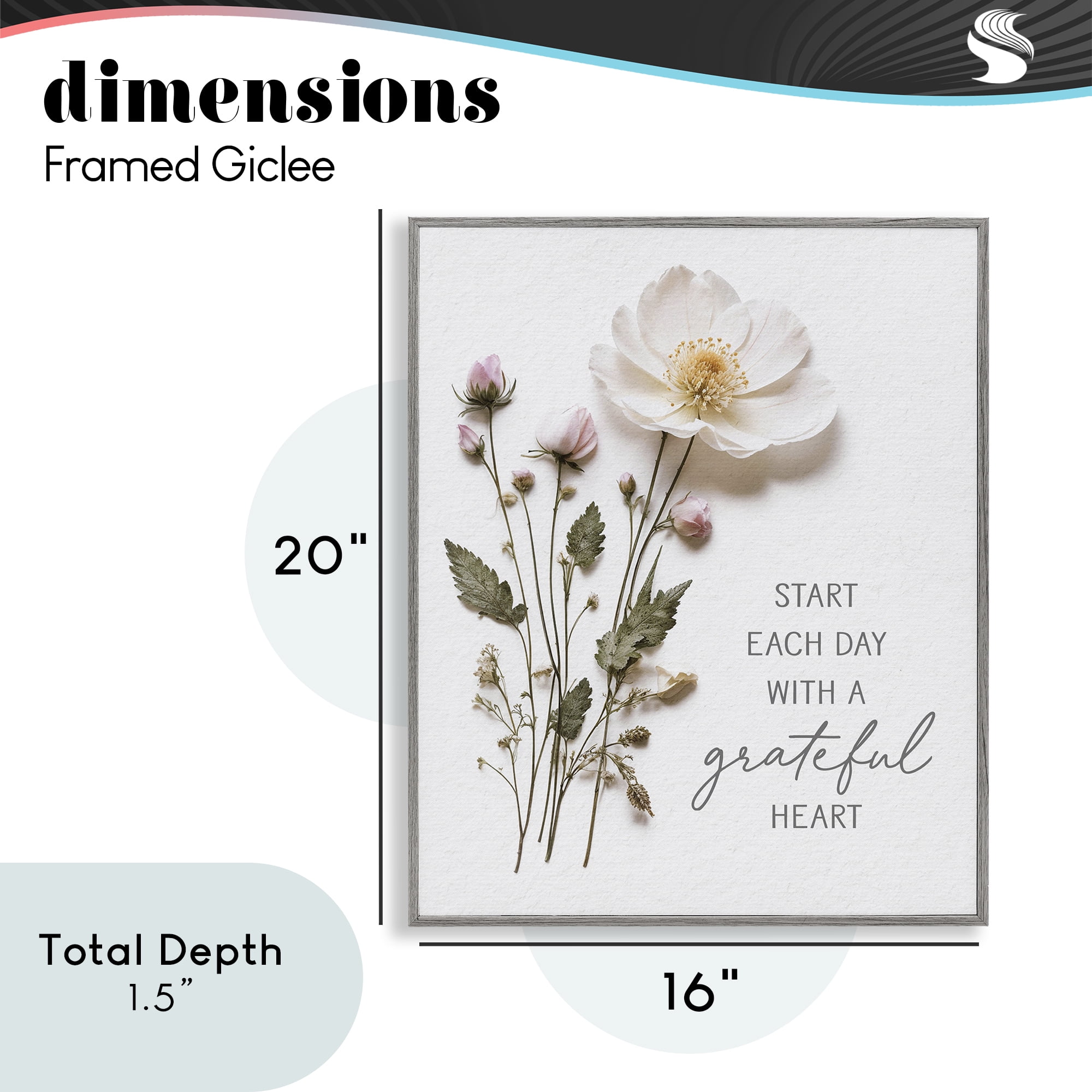 Grateful Heart Pressed Flowers Gray Framed Giclee Art, design by Lettered and Lined