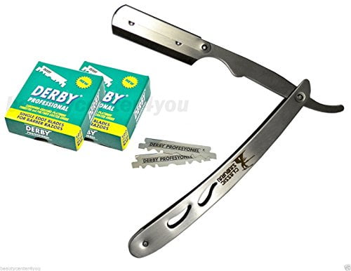 Classic Samurai CS-102 Stainless Steel Professional Barber Straight Edge Razor with 200 Derby Single Edge Razor Blades