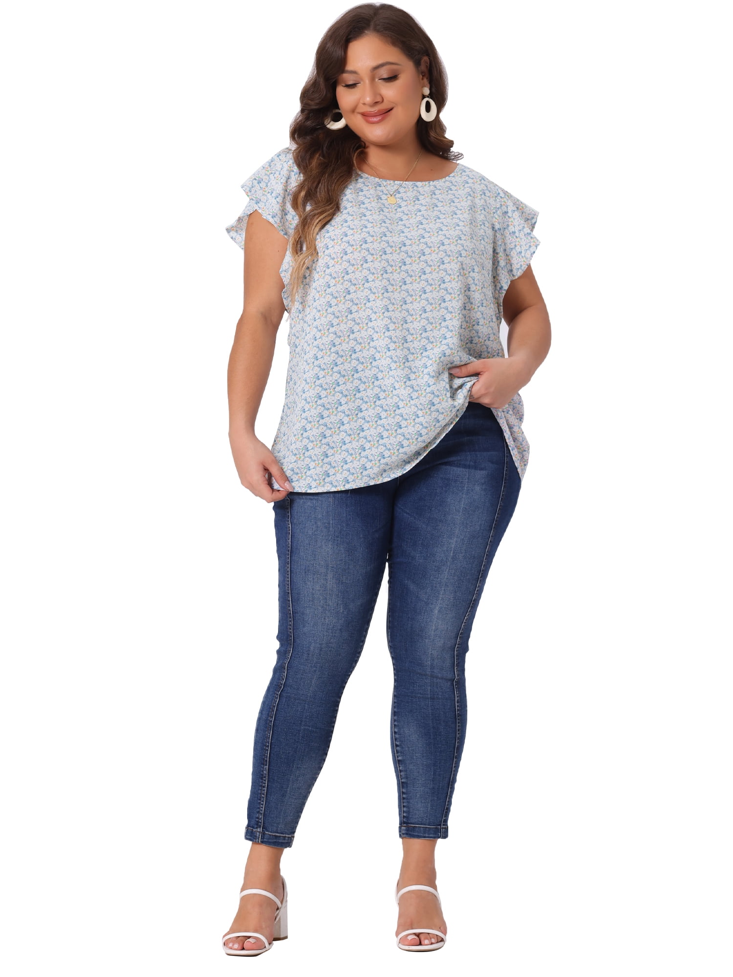 DARING DIVA Women's Plus Floral Tie Waist Flare Sleeve Top 4X Blue