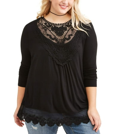 Junior Plus Long Sleeve Crochet Trim Floral Applique Victorian Top