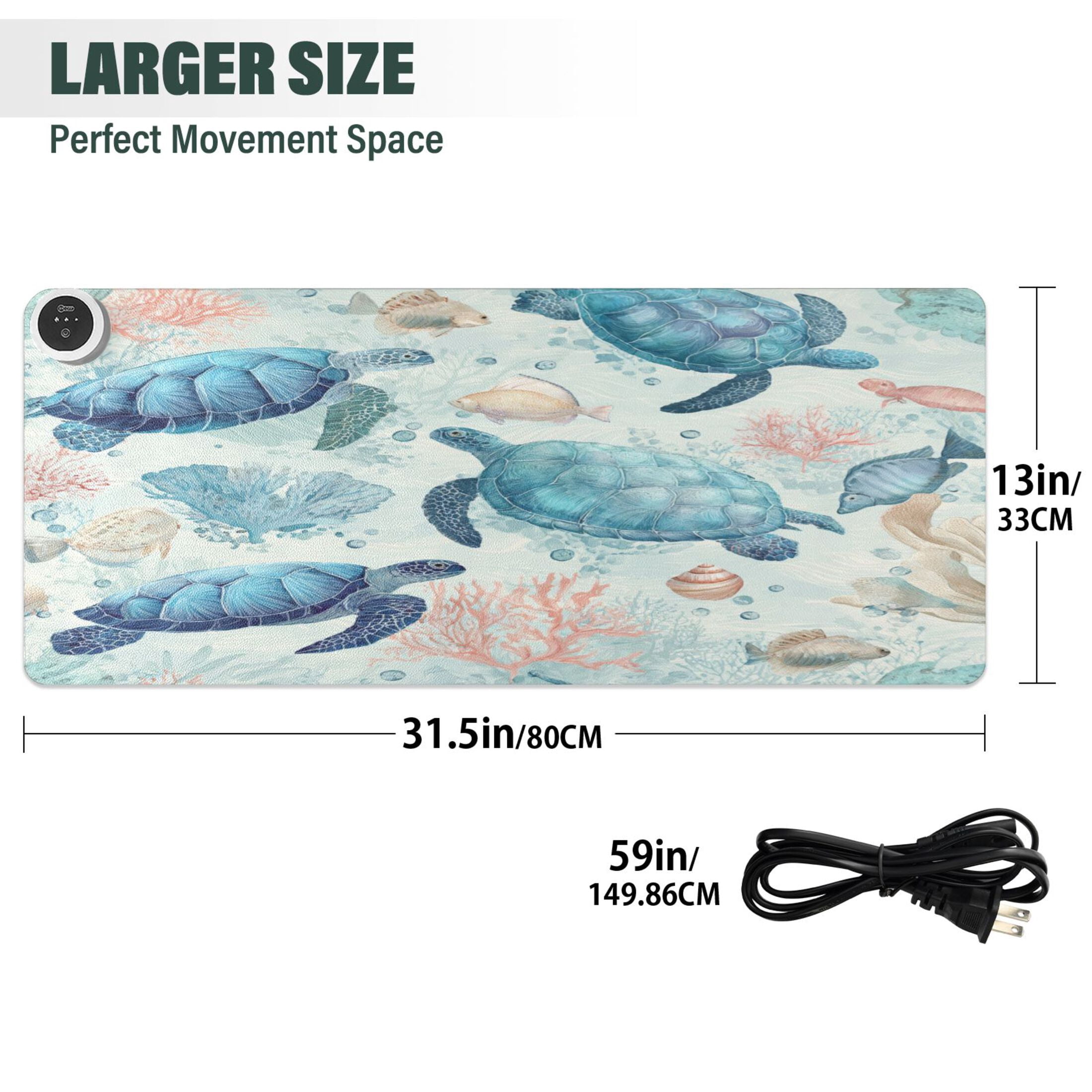 Large Heated Desk Mat Mouse Pad 31.5"x13"PU Leather Graphene Heating Desk Warmer with 3 Temperature Settings 110V US Plug Non-Slip Warm Pad for Home, Office, and Gaming Deep Green Sea Turtles