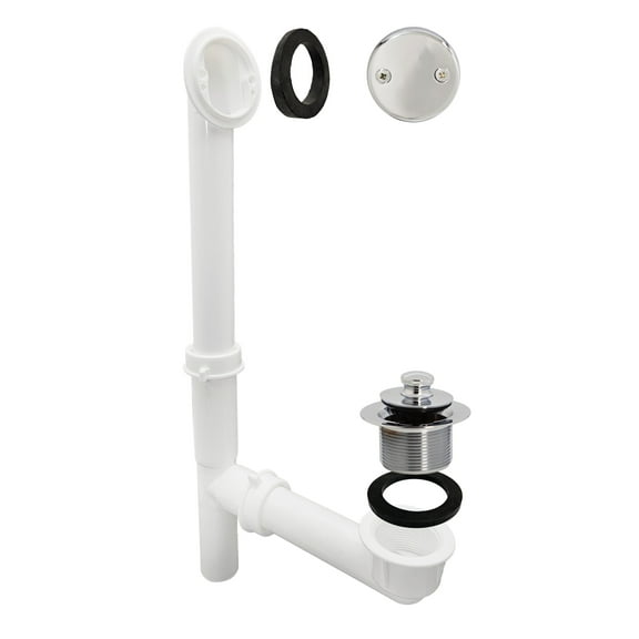 Westbrass 14" Whte Polypropylene Twist & Close Drain Bathtub Assembly with Two-Hole Overflow, Polished Chrome