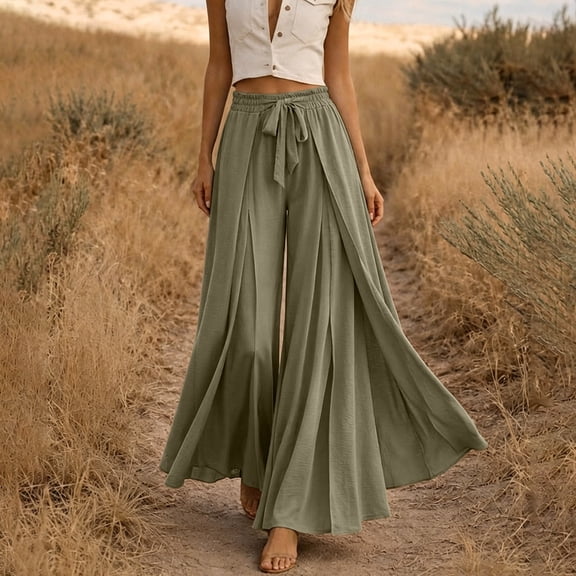Costeam Womens Split Front Flowy Wide Leg Pants Drawstring Elastic High Waist Lightweight Crinkle Woven Solid Color Loose Casual Vacation Trousers