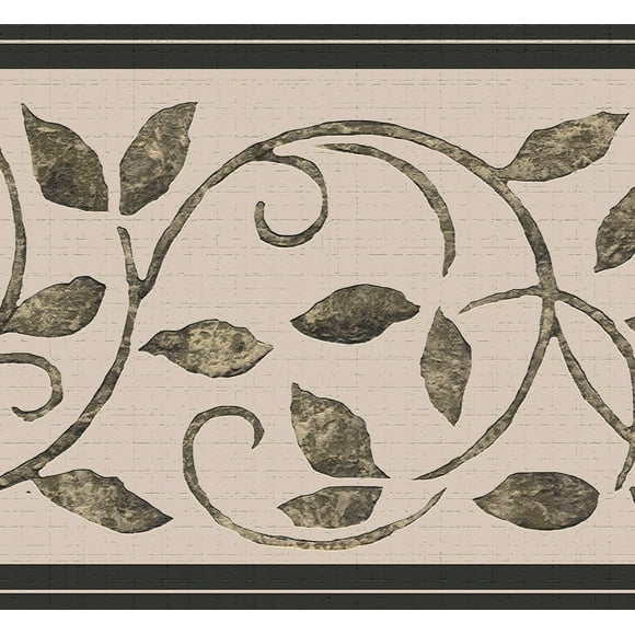 Dundee Deco's Peel and Stick Wallpaper Border - Damask Grey, Brown, Sepia Scrolls, Leaves Wall Border Retro Design, 15 ft x 7 in (4.57m x 17.78cm), Self Adhesive