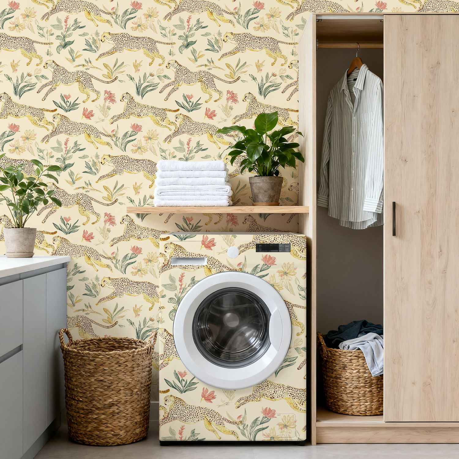 Cheetah Peel and Stick Wallpaper 17.7in x 9.8ft Seamless Cheetah Botanical Vintage Hand Drawn Style Contact Paper Vinyl Waterproof Self Adhesive Wall Paper for Bedroom Shelf Cabinet Renter Friendly