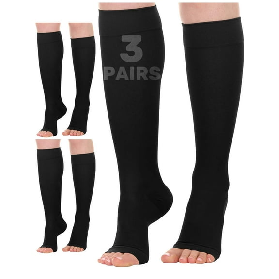(3 Pairs) Sheer Women Open Toe Compression Knee Highs 20-30 mmHg Black, X-Large