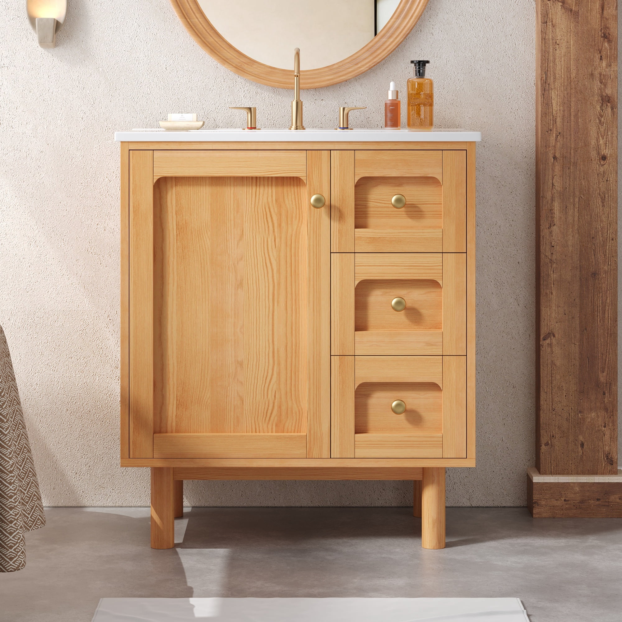Euroco 30 Inch Bathroom Vanity with Ceramic Sink, Bathroom Vanity with 3 Drawers, 1 large Soft Closing Door, Farmhouse Bathroom Storage Cabinet , Ideal for Home