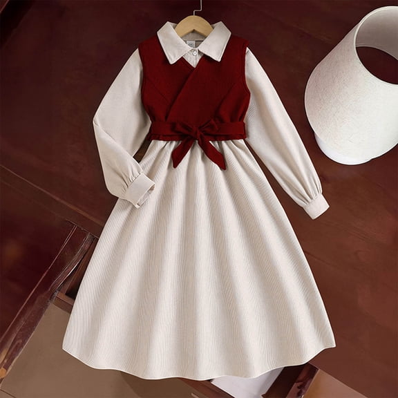 BRGZLK Girls Corduroy Dresses Spring Autumn Fashion Turn Down Collar Long Sleeve Ruffle Swing Dress Detachable Waist Belt Vest Dress Set Red 14-15 Years