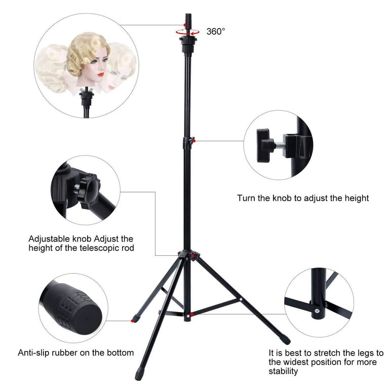 Reinforced Wig Stand Tripod Mannequin Head Stand, Adjustable Wig