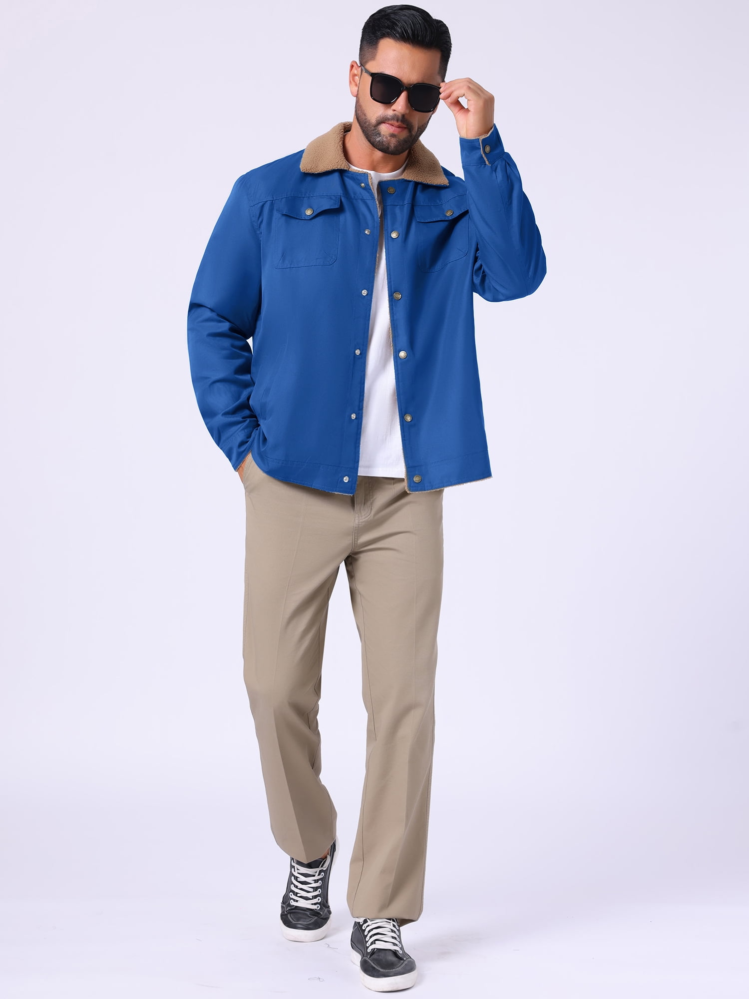DARING DIVA Collared Button Front Fleece Lining Cargo Trucker Jacket M Blue