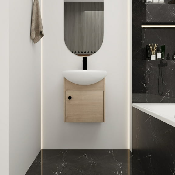 Noble House 18" Floating Bathroom Vanity, Ceramic Sink, Plywood Soft-Close Door, Wall-Mounting, Plain Light Oak