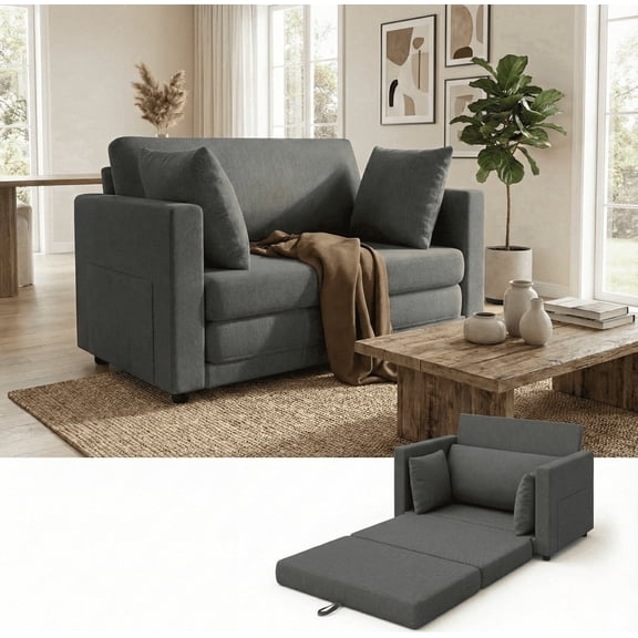 Gacale Sofa Bed, 2-in-1 Pull Out Loveseat Sleeper Sofa, Folding Floor Couch for Guest Room and Bedroom, Dark Gray