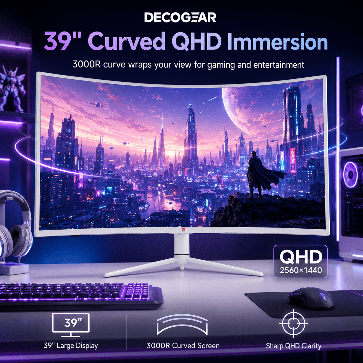 Deco Gear 39" Curved Widescreen Gaming Monitor, 2560×1440 QHD, 165Hz, 1ms MPRT, HDR, Adaptive Sync, 3000R Curve, HDMI, DisplayPort, Tilt Swivel Height Adjust, White
