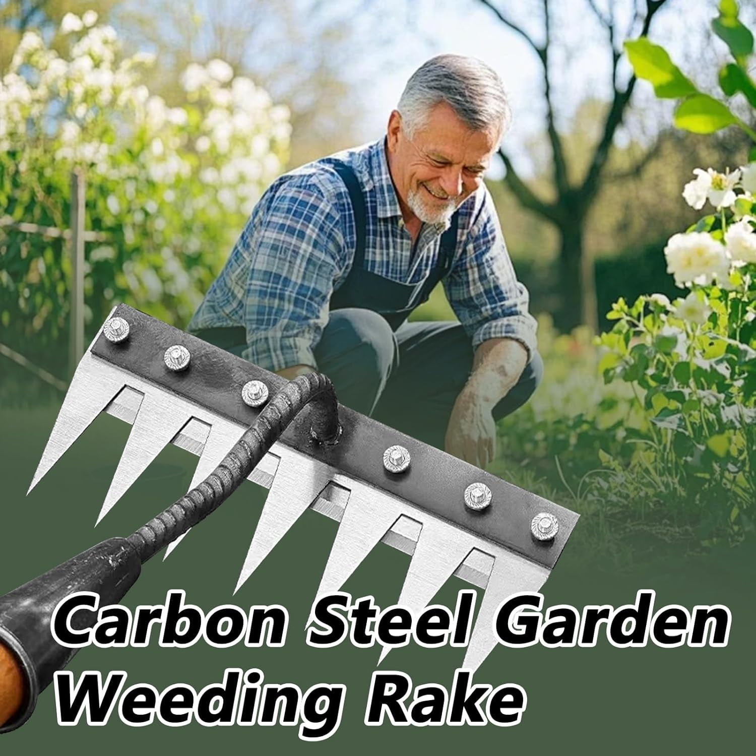 Gardenia Iron Weeding Rake, Iron Rake 2.0, 5/6/7/8 Teeth Carbon Steel Garden Weeder Rakes, Weeding Rakes for Dethatching, Gardening and Backyard Lawn Loosening Weed Tools (6 Tooth)