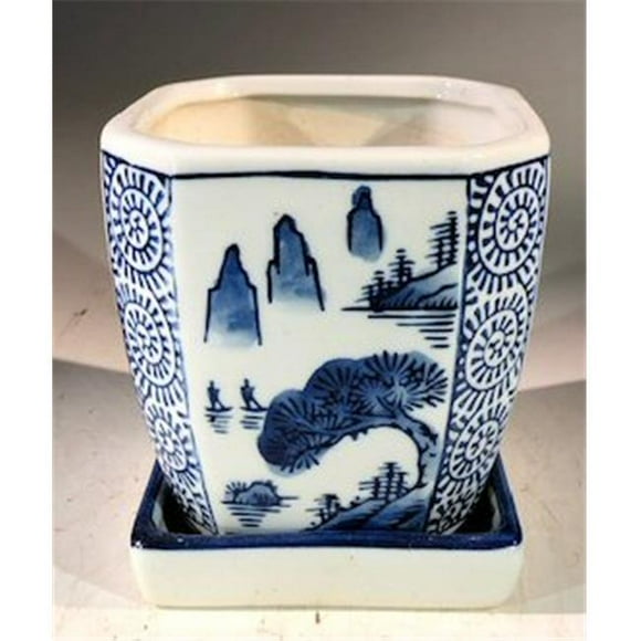 4 x 4 x 4 Po. Pot à Bonsaï en Porcelaine avec Plateau d'Humidité Attaché, Bleu & Blanc - Carré