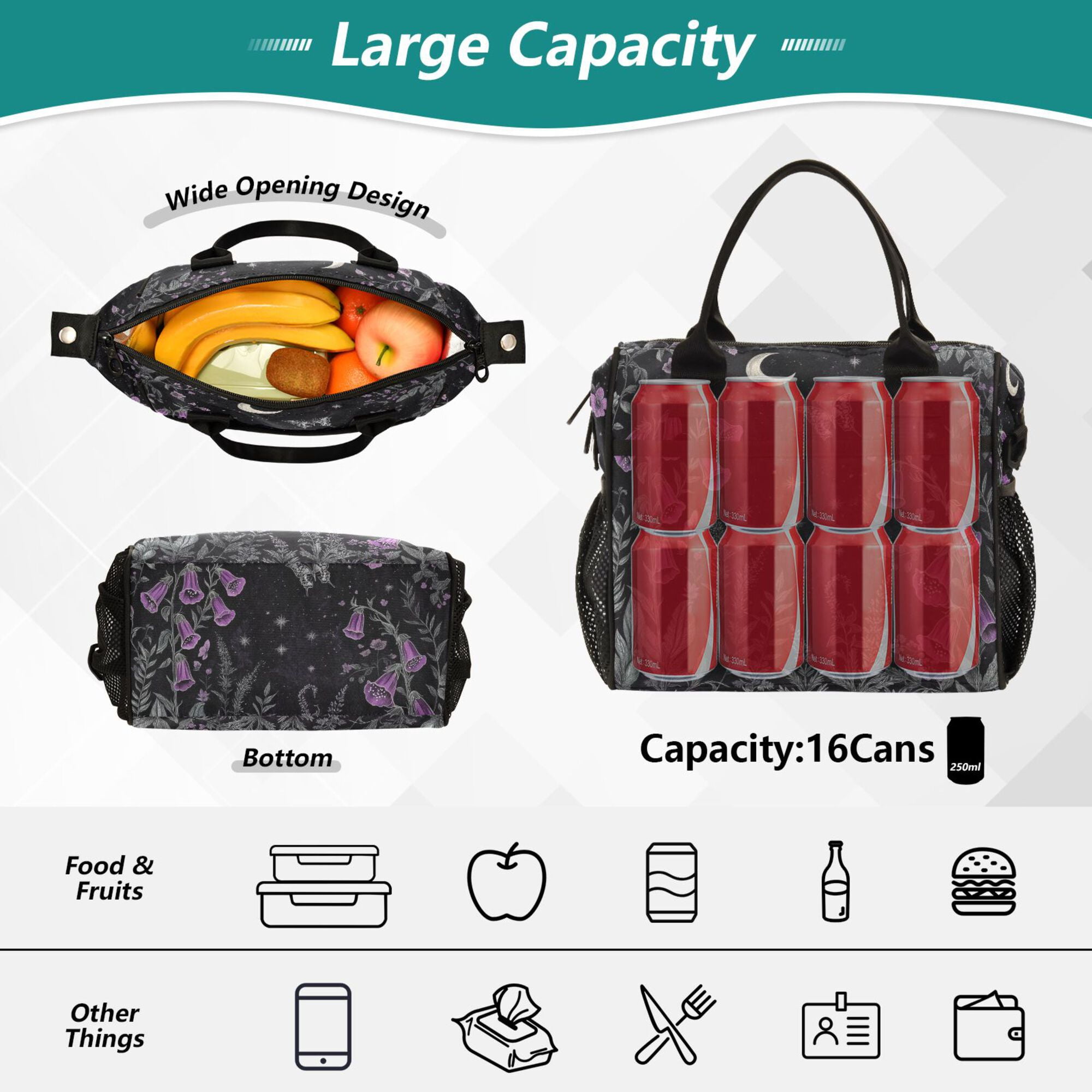 FORMRS Insulated Lunch Bag for Work School Unisex Large Capacity Cooler with Shoulder Strap, Gothic Floral Print