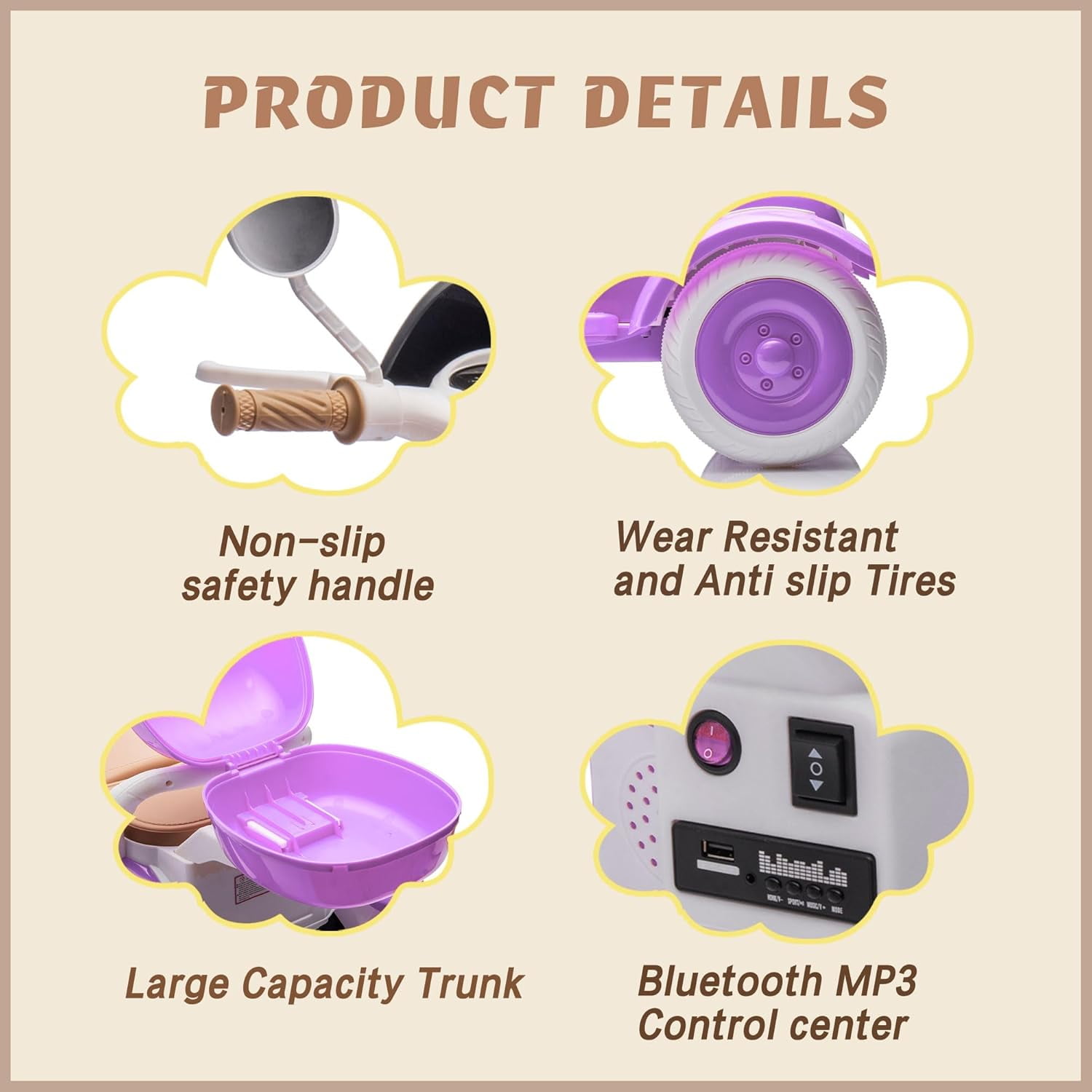 Track Seven 12V Ride on Motorcycle, 2-Seater Electric Motorcycle with Dual Motor, 3 Wheels Motorbike with Bluetooth, LED Lights, Storage Box, Front Hook, Ride on Toy Car for Boys Girls Aged 3+
