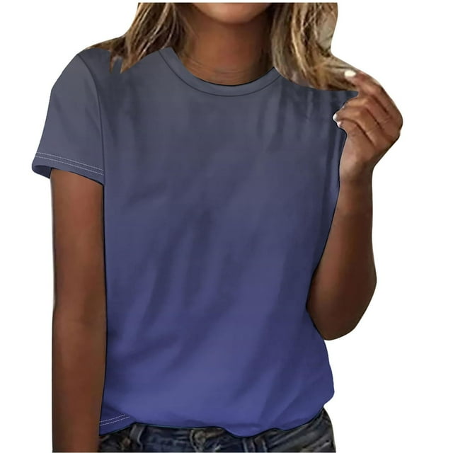 T-Shirts Dégradés pour Femmes - Mode Col Rond Décontracté Manches Courtes - Hauts Quotidiens Extensibles Doux, Gris Foncé T-Shirt Dégradé Mode Col Rond Décontracté