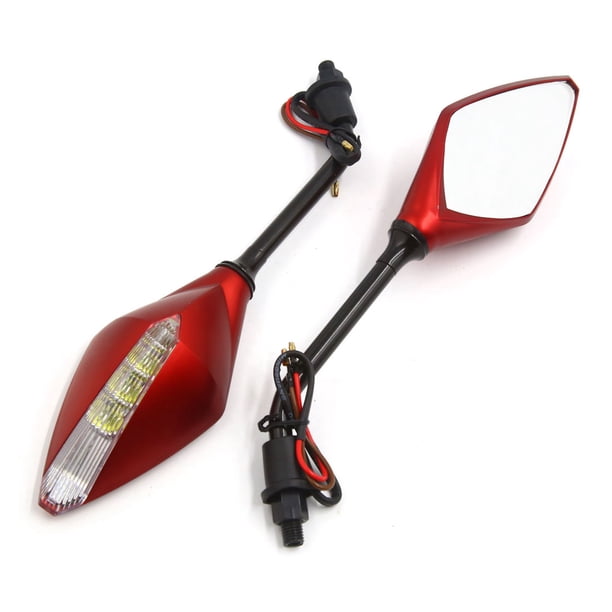 Un Par 10mm Rosca Moto Espejo Retrovisor con Luz Intermitente LED Amarillo Carcasa Roja