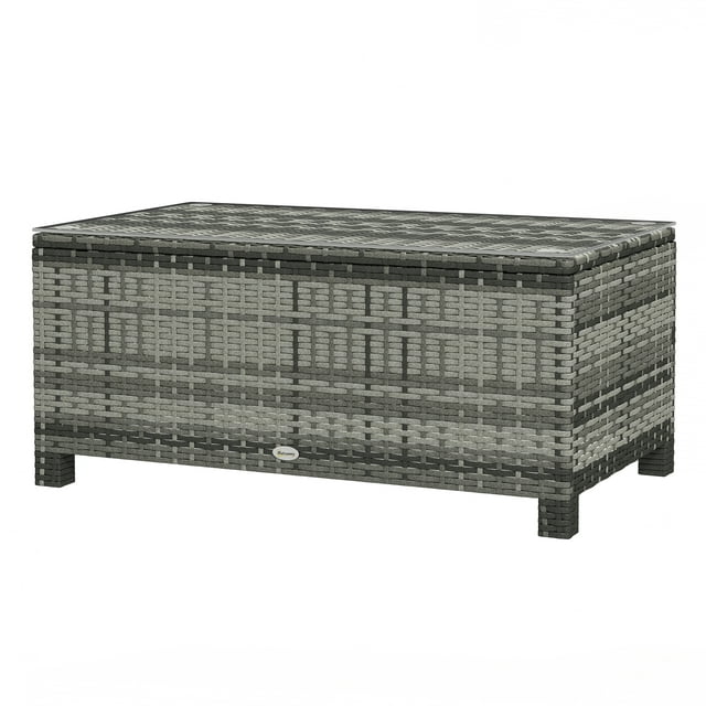 Outsunny Grey Rattan Coffee Table with Tempered Glass Top - 33.5"W Outdoor Patio Furniture - All-Weather PE Wicker & Steel Frame - Durable Garden Accent Table