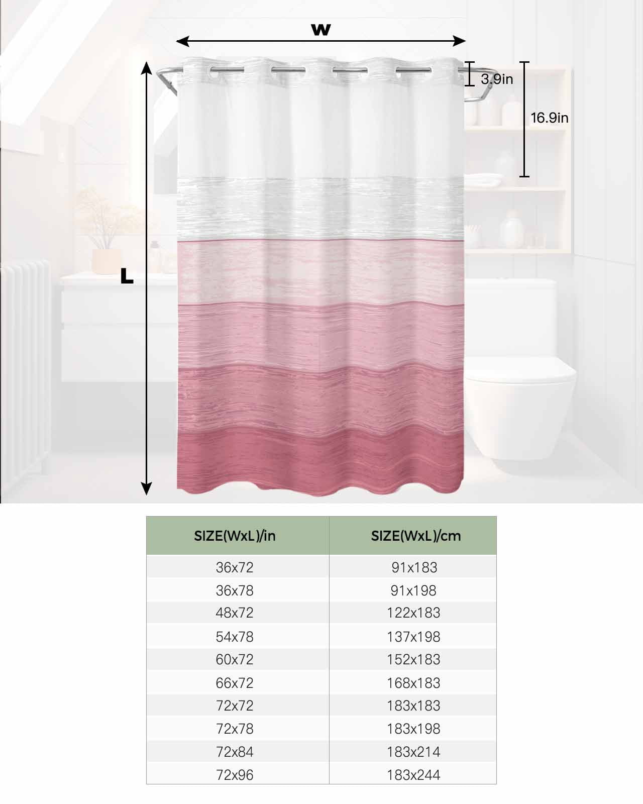 No Hook Shower Curtain with Snap in Liner, Pink Striped Gradient Rustic Wood Board Hotel Shower Curtains for Bathroom, Washable Shower Curtain Liner Set with Mesh Top Window, 36"x78"