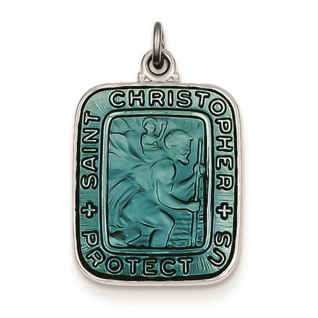 Blue Enamel Square Saint Christopher Medal Charm Pendant 925 Sterling Silver