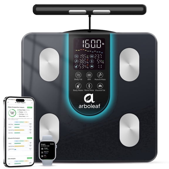 Arboleaf 8-Electrode Bluetooth Body Fat Scale – Full Body Composition Analyzer with BMI & Muscle Mass, Black