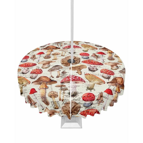 Fsddascl Mushroom Outdoor Tablecloth - 54 Inch Round Dining Table Cover, Watercolor Red Summer Botanical Vintage Waterproof Outdoor Table Cloth with Umbrella Hole & Zipper for Picnic/Patio/Party