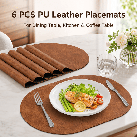 MORAVE 6 Pack 12x17 Inch Oval PU Placemats, Waterproof Heat Resistant Washable Turmeric Brown Table Mats