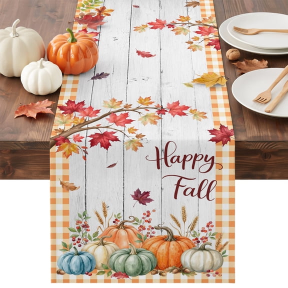 Pumpkins Fall Table Runner - 72 Inch Long Thanksgiving Harvest Maple Wooden Plaid Cotton and Linen Blended Dress Scarves Farmhouse Table Runner for Kitchen Dining, Coffee Table, 13" x 72"
