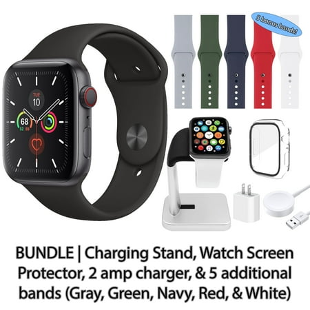 Restored Apple Watch Series 5 (GPS + Cellular, 40 mm) Space Gray Aluminum Case with Black Sport Band Bundle | 5 Bonus Bands, Charging Stand, Screen Protector, & 2 amp charger (Refurbished)