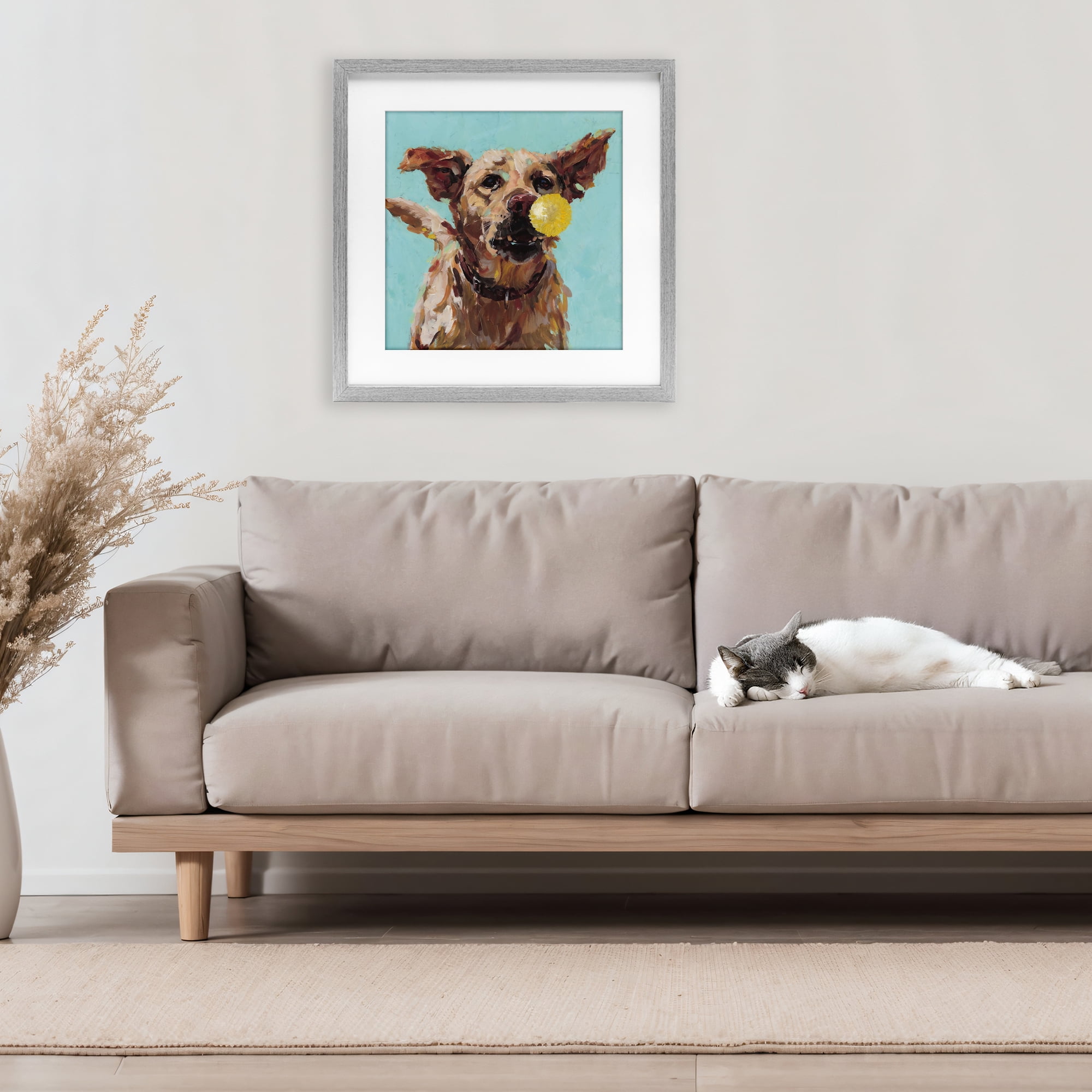 Dog Playing with Ball Gray Framed Print Under Glass, design by Studio Bautista