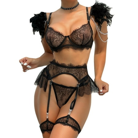 

LBECLEY Milk Bath Dress Women Fashion Solid Color Feathers Detachable Lace Lace Metal Chain 6 Piece Underwear Lingerie Sleepwear with Garter Black L