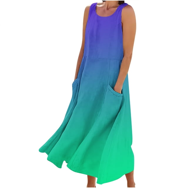 FAIWAD Robes d'Été Grande Taille pour Femmes 2024 Sans Manches Décontractées Robe Maxi Dégradé Boho Plage Robe Débardeur