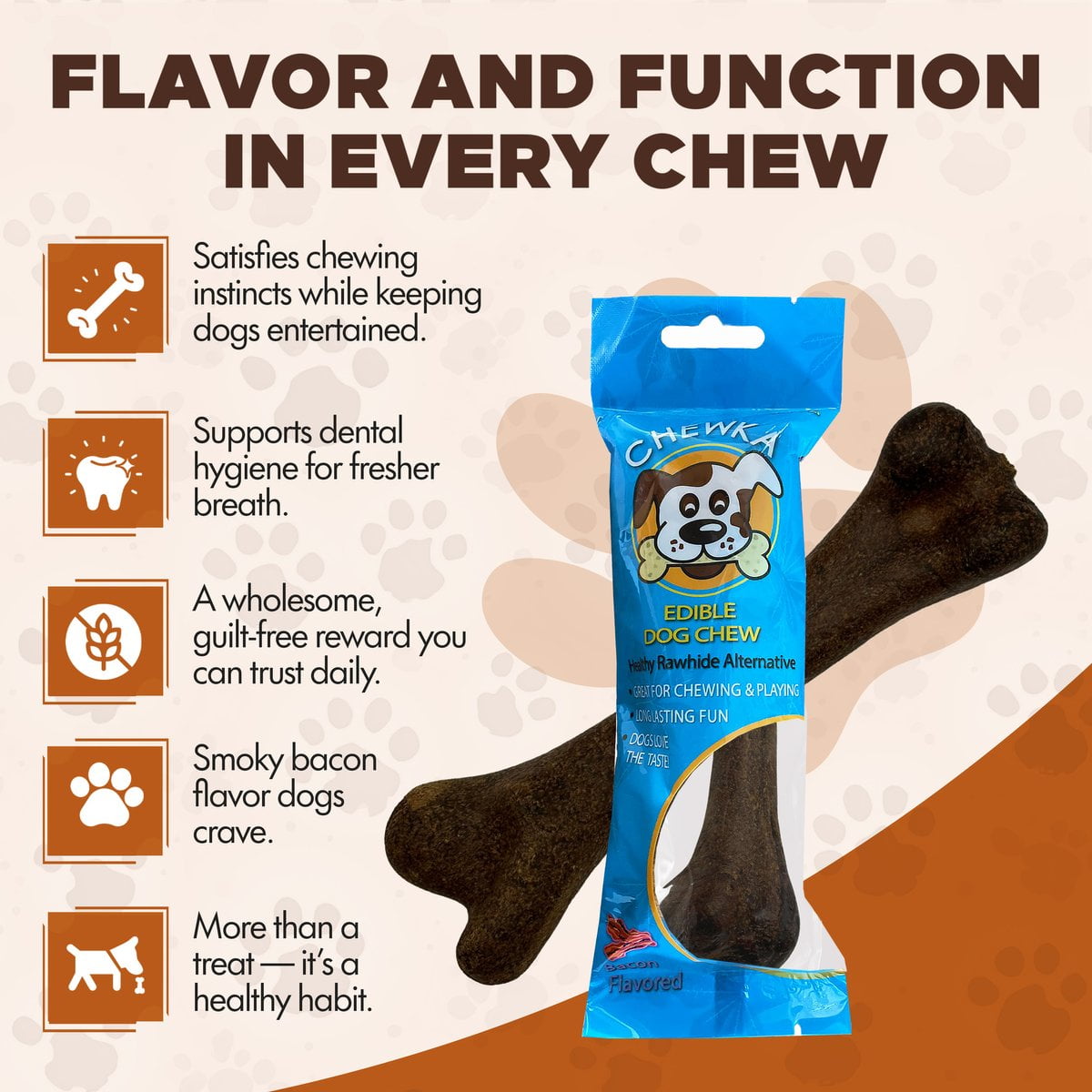 Scoochie Pet Chewka Bacon Flavored Plant-Forward Fully Digestible Dog Chew Bone, Medium, 6CT