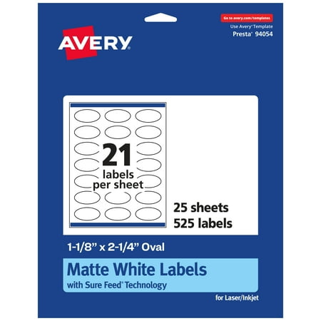 UPC: 0194793005455 | Avery Matte White Oval Labels with Sure Feed  1-1/8  x 2-1/4   525 Matte White Printable Labels