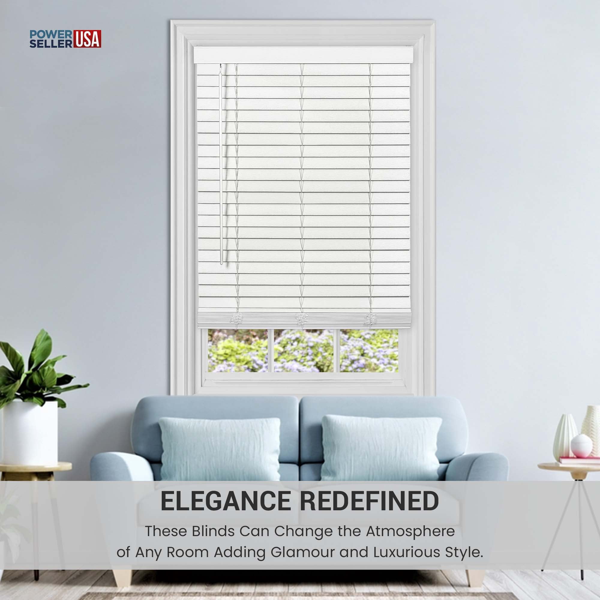 PowerSellerUSA Cordless Window Blinds, Privacy & Room Darkening 2" Slats Faux Wood Mini Blind, Anti-UV Window Treatment, White Plantation Blind, 46" Width x 64" Length, (Fits windows 23" - 74")