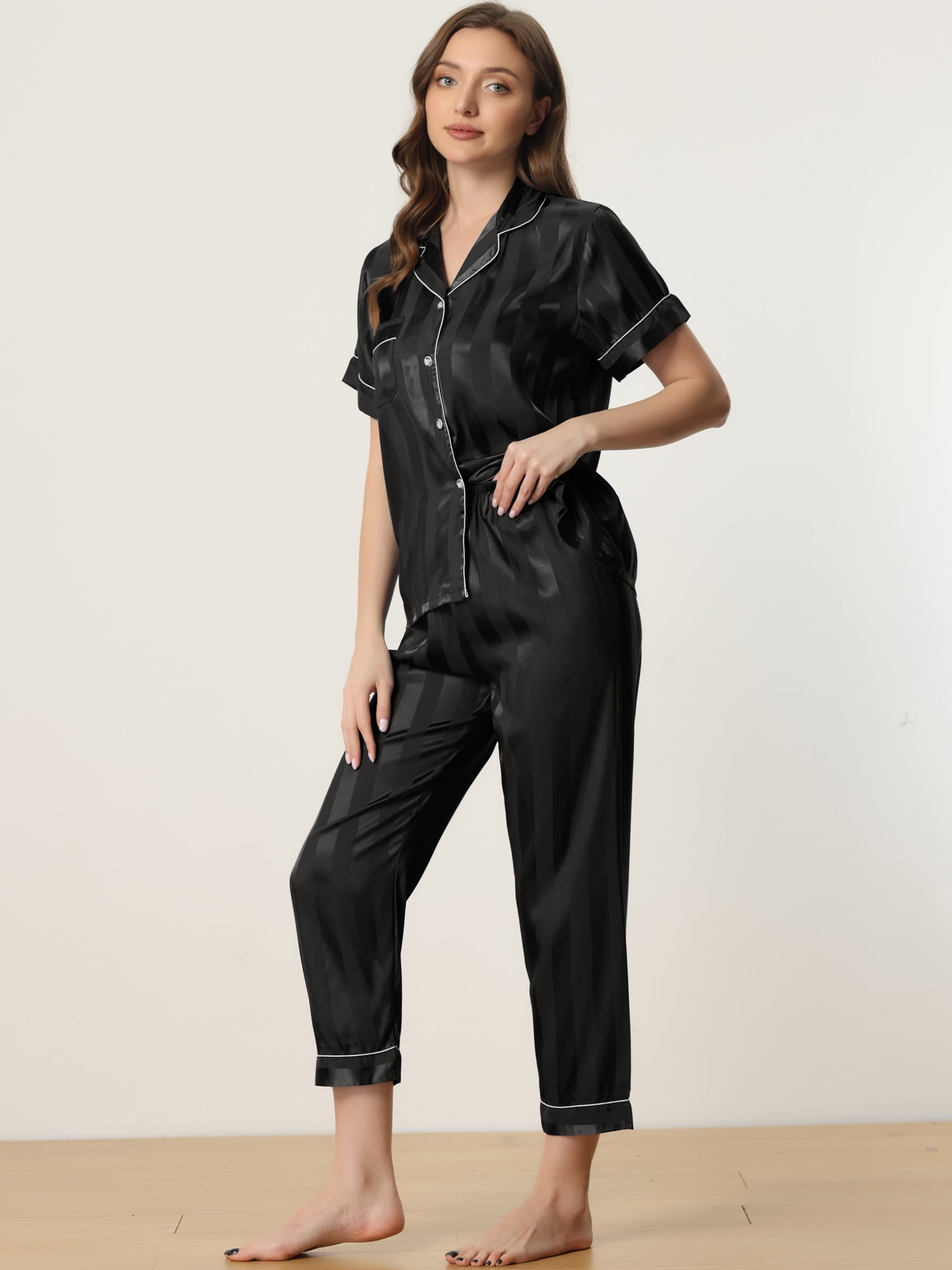 DARING DIVA Women's Satin Button Down Short Sleeve Long Pants Pajama Set L Black