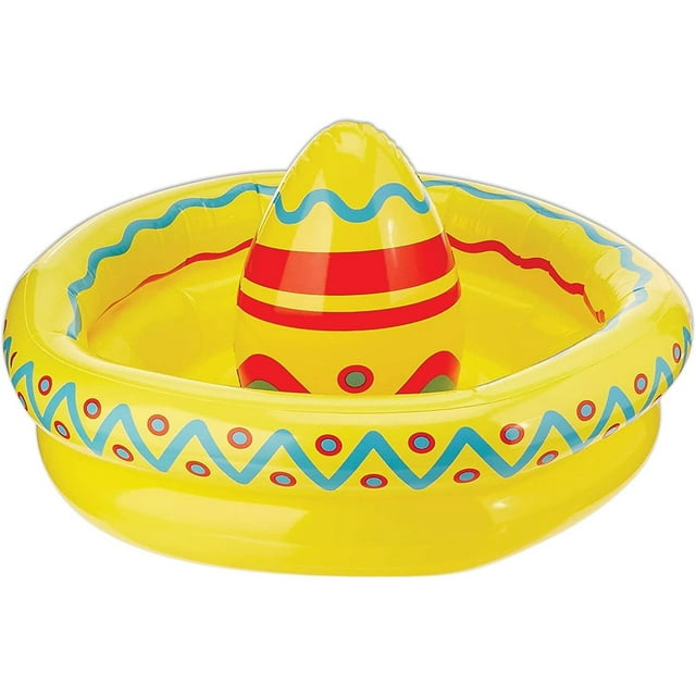 Southwest-Inspired Inflatable Sombrero Cooler - Bright Yellow with Red & Blue Design, Holds 10 x 12-Ounce Cans, Perfect Mexican Theme Party Centerpiece, Tabletop Drink Chiller, 1 Unit per Package