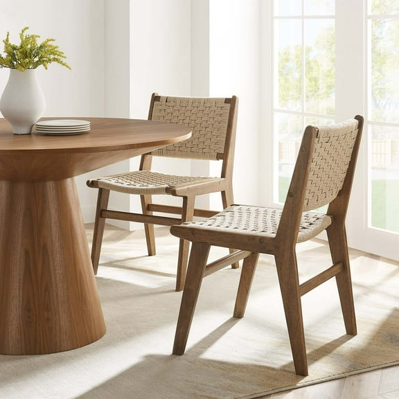 Modway Saoirse Woven Rope Wood Dining Side Chair in Walnut Natural