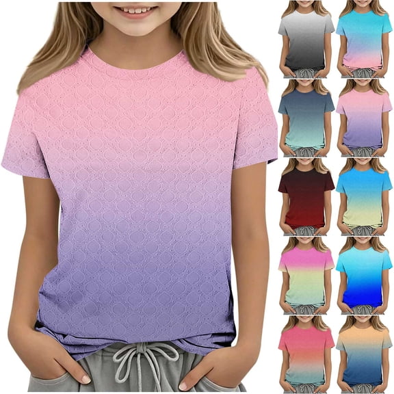 BOVXNPU Girls Short Sleeve T-Shirts Gradient Print Round Neck Short Sleeve Top Boys Girls Summer Tops