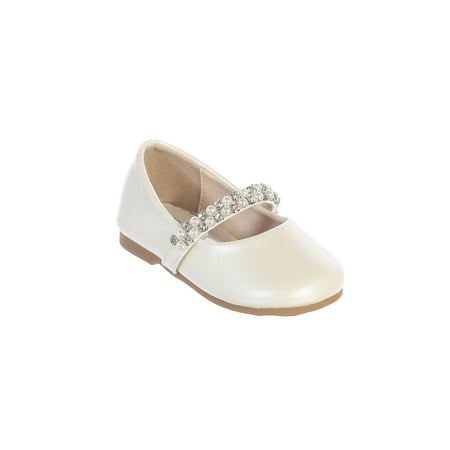 Little Girls Ivory Rhinestone Pearl Strap Elegant Mary Jane Shoes