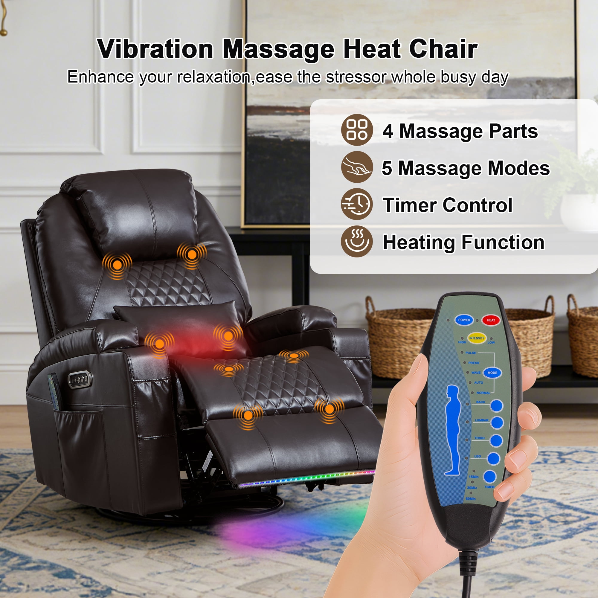 Dual Motor Power Swivel Rocker Recliner Chair for Adults with Heat and Massage, Electric Wall Hugger Rocking Recliner for Nursery Living Room with LED Lights, USB A&C Ports