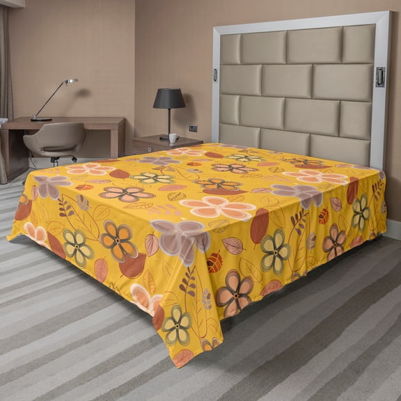 Ambesonne Floral Flat Sheet, Abstract Botany Flora Leaves, California King, Earth Yellow Multicolor